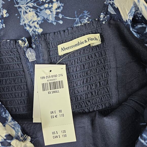Abercrombie & Fitch Blue Floral Smocked Maxi Dress Puff Sleeve XXS Square Neck - Picture 4 of 8